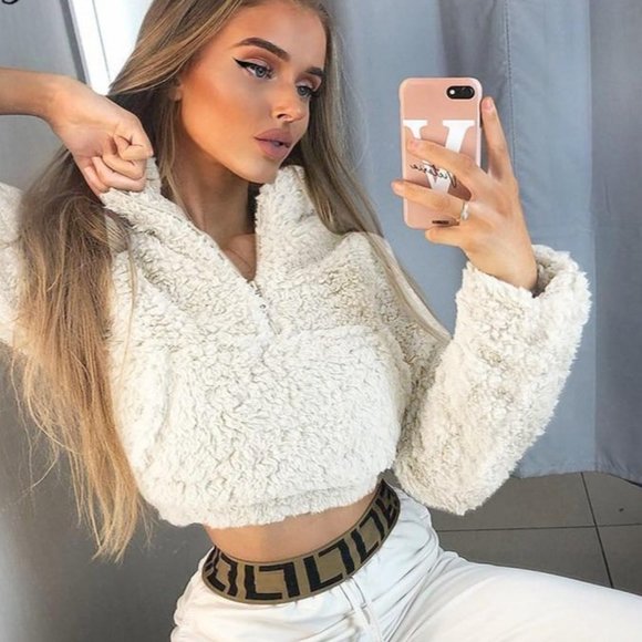 Jackets & Blazers - Faux lambswool crop top streetwear solid coat jack